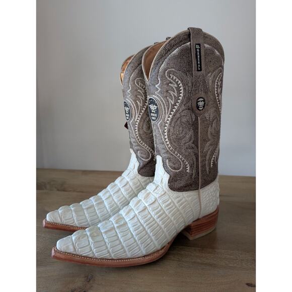 El General Cowboy Boots Mens Size 6 White Exotic Leather Croc Tail Embroidered - Picture 2 of 4